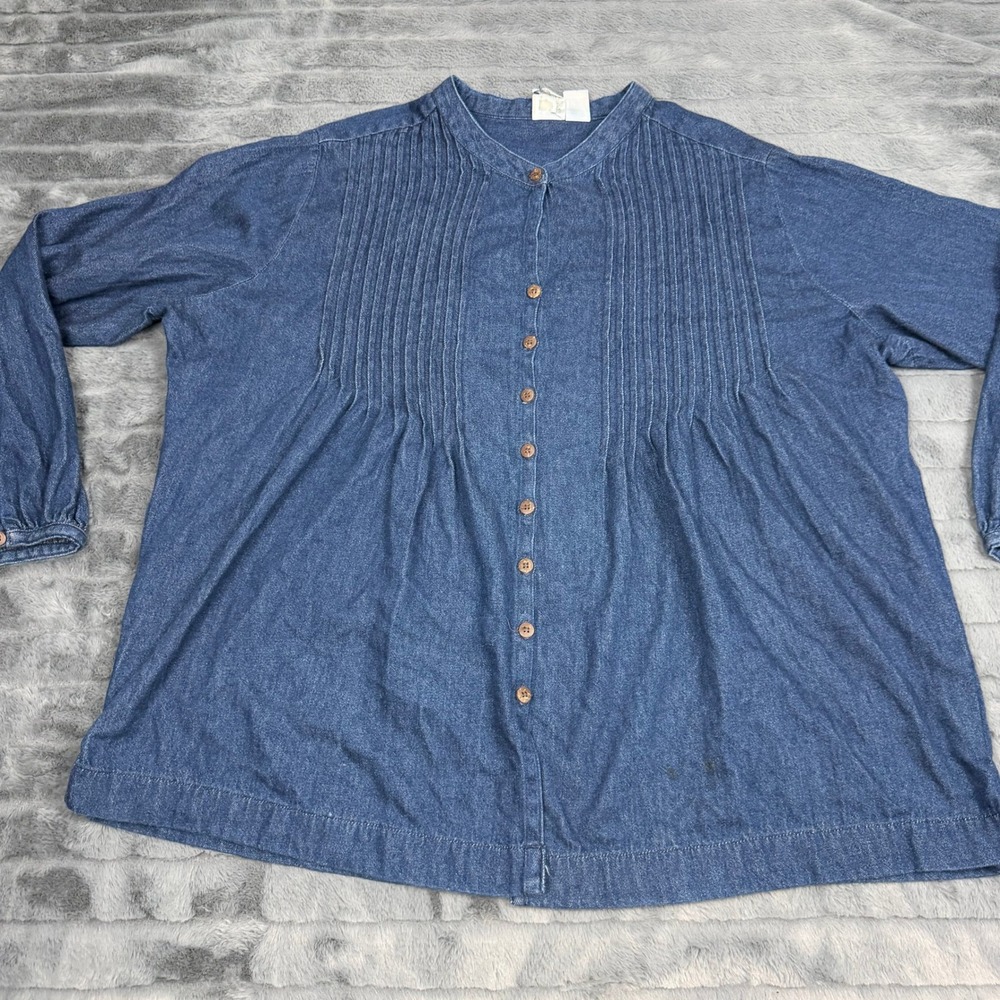 Roamans Womens 2X Denim Blouse Organic Cotton Pintuck Button Front Top 15358